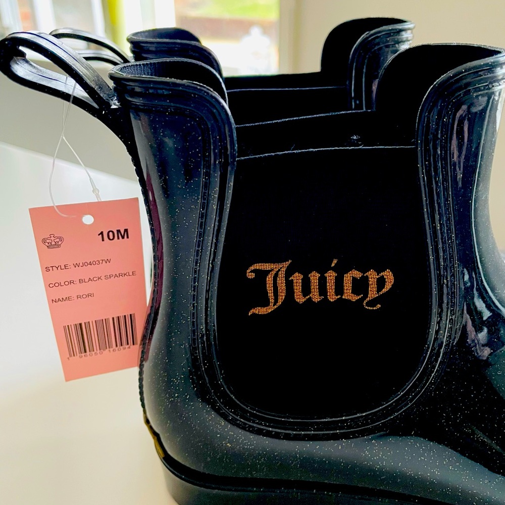 Juicy Couture NWT aize 10 Black Patent with gold sparkle waterproof Rain-boots